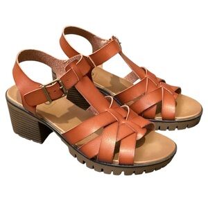 POP Comfort Fit Chunky Heel Strappy Leather Cognac Color Sandals,‎ Size 9